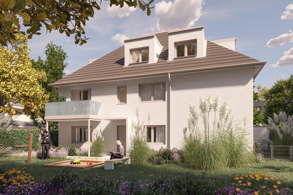 Modernes einseitig angebautes Haus mit Garten und Sitzbereich im Freien.